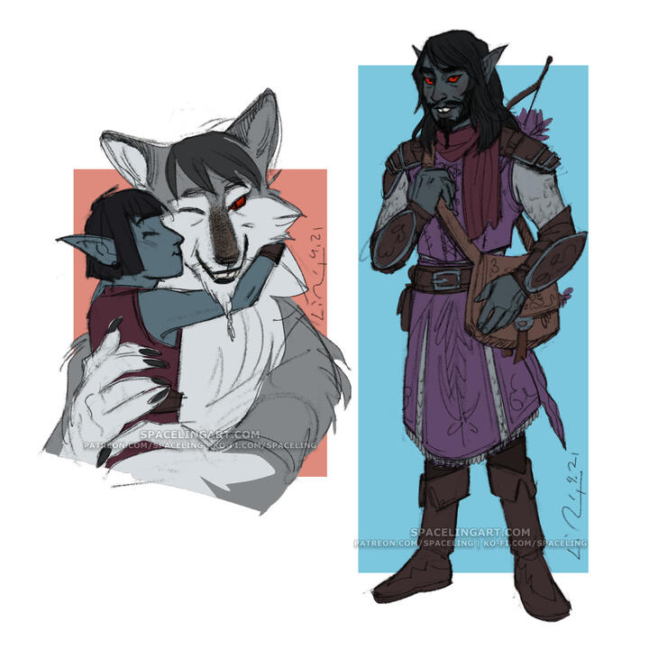 Illustrations of a dunmer, a dark elf, werewolf and his daughter.