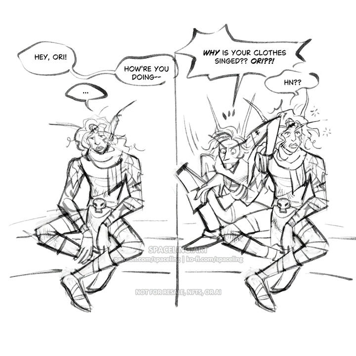 Fanart sketches of World of Warcraft characters. A vampiric elf is harassing her friend, grabbing their arm and exclaiming in concern. Transcript: Hey, Ori! How're you doing? Why is your clothes singed? Ori?