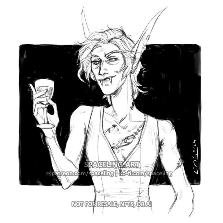 World of Warcraft fanart sketch of an undead vampiric elf with long fangs, smiling and holding a wine glass.