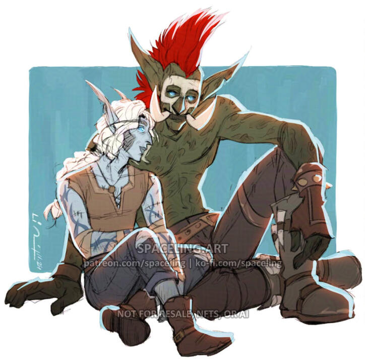 World of Warcraft fanart illustration of two death knights, a blood elf and a forest troll, in casual clothes, smiling and leaning against one another.