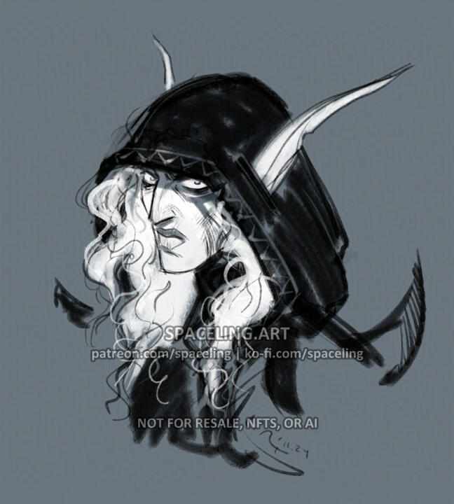 World of Warcraft fanart illustration of an undead elf with curly white hair and a hood, who is glaring at the viewer.