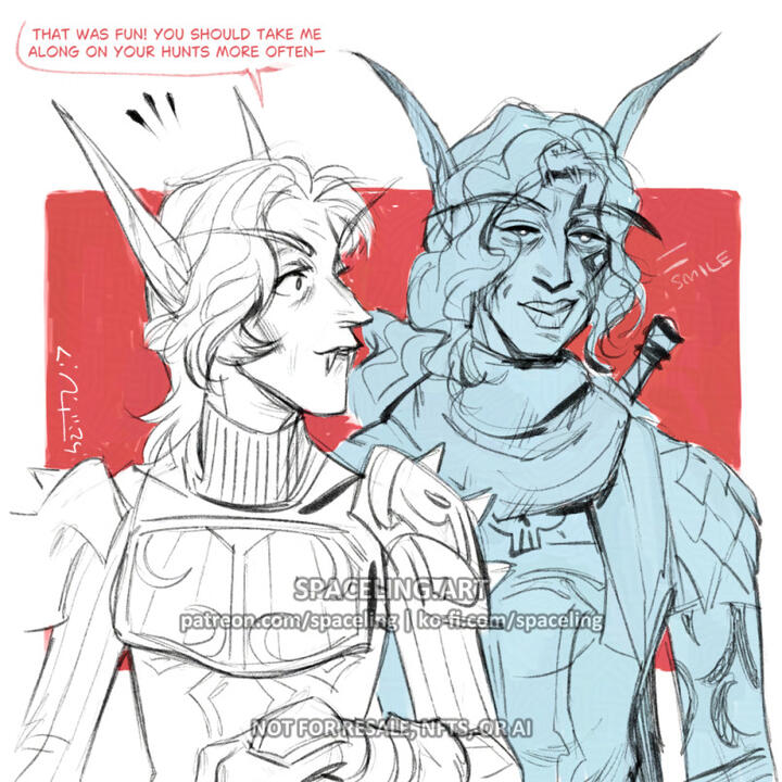 World of Warcraft fanart illustration of two undead elves, both are smiling. The vampire is saying: That was fun! You should take me along on your hunts more often."