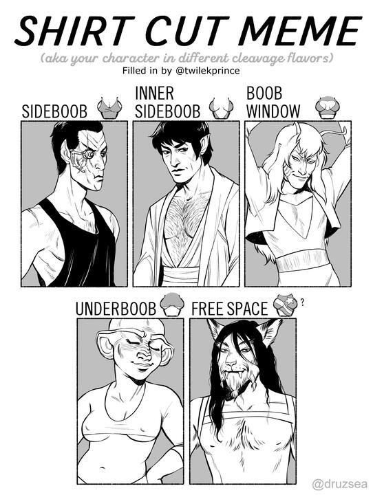 Five drawings of characters in various types of revealing tops.