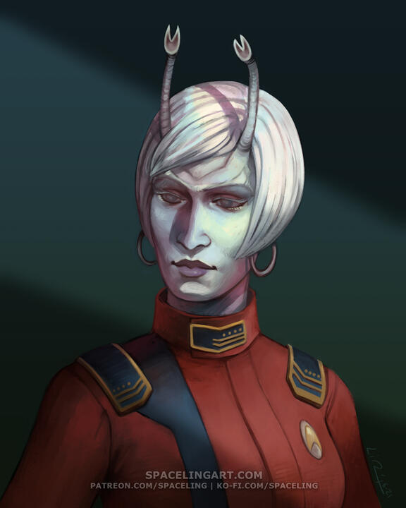 Illustration of an aenar; she is albino with antennae and pale eyes.