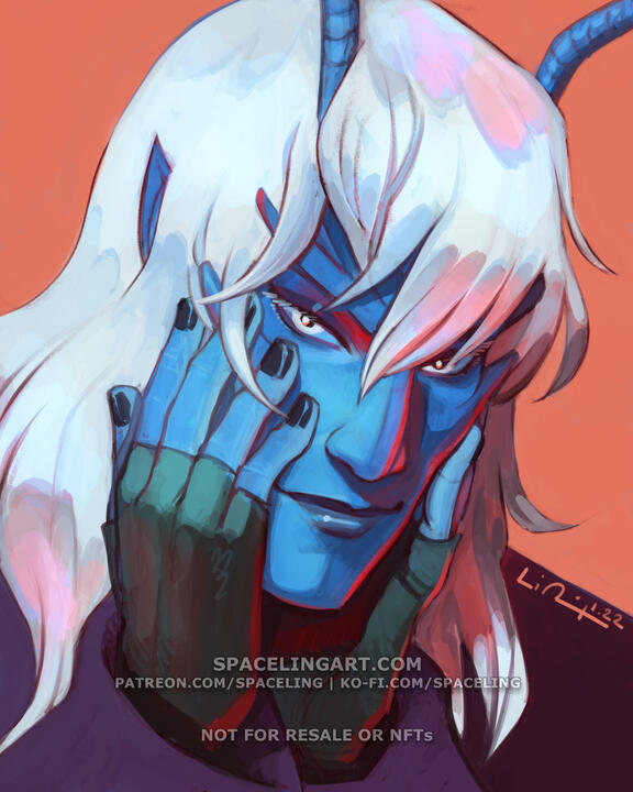 Illustration of an andorian; a humanoid with blue skin, antennae, and white hair.