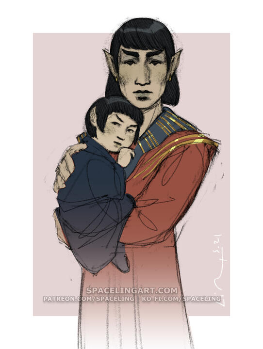 Illustraton of a vulcan and his daughter.