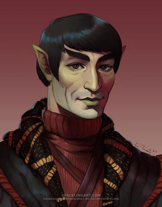 Portrait illustration of a vulcan in a traditional wobe.
