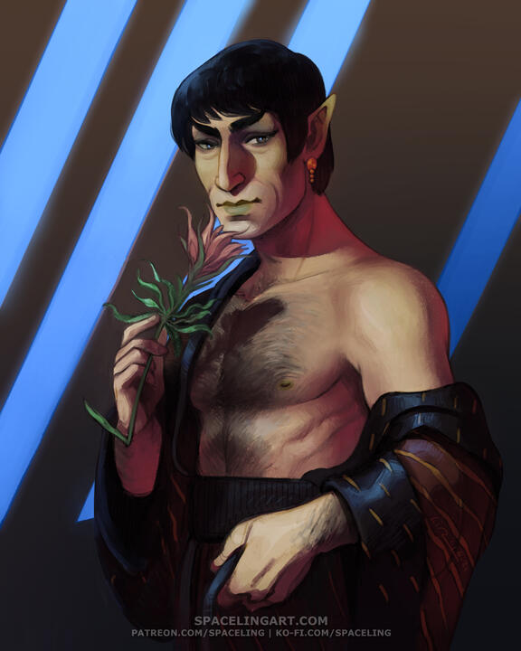Illustration of a male vulcan with a robe slipping off his shoulder, revealing his chest. He is holding a flower and gazing at the viewer.