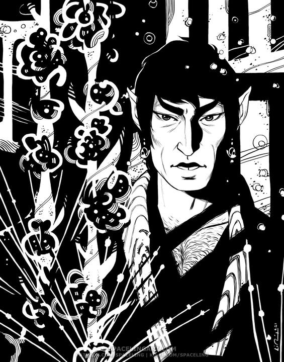 Black-and-white illustration of a vulcan and stylised flowers in an abstract space.
