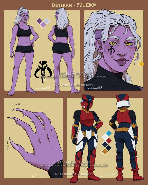 Reference sheet of a Mandalorian woman with purple skin, fangs, and serated claws. Her armour is red, white, and navy.