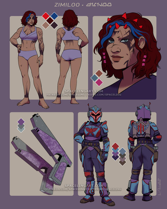 Reference of a zabrak Mandalorian with red-brown hair and dyed blue streaks in the front, red horns, and cultural tattoos on her face and limbs. She also has butterflies tattooed on her left arm. Her armour and blasters are purple with red paint.