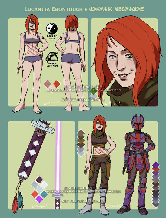 Reference of a Mandalorian character with ref hair, a blind fold, and scars across her abdomen. She has a purple lightsaber, and her armour is purple with red paint.