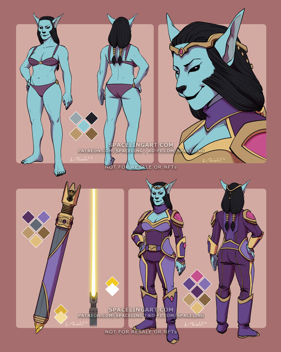 Reference sheet of a canine humanoid with blue-grey fur and long, pointy ears. She has a gold lightsaber, and her gear is purple with gold accents.