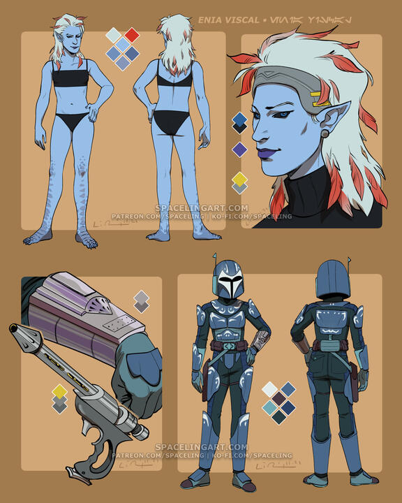 Reference sheet of an omwati Mandalorian; she has red and white feathers for hair, light blue skin, and her armour is blue-grey with white paint.