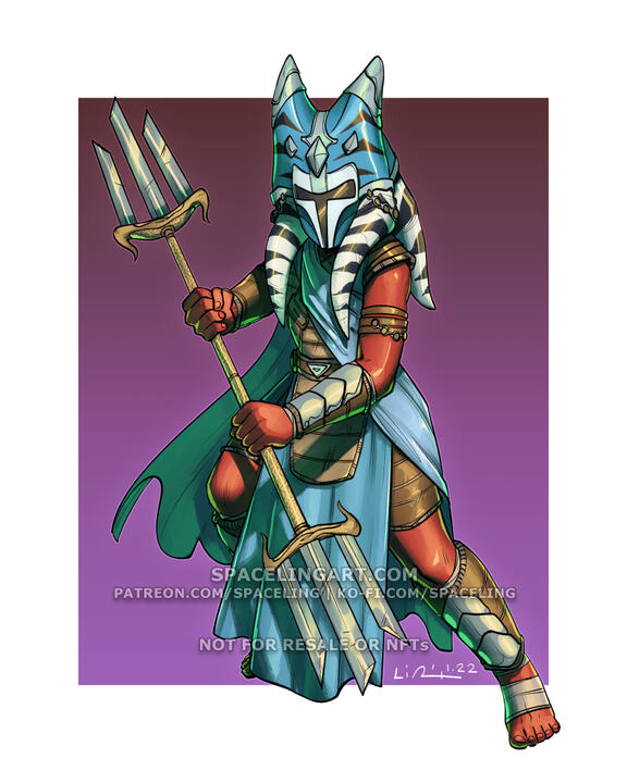 Illustration of a togruta Mandalorian with a double-trident.
