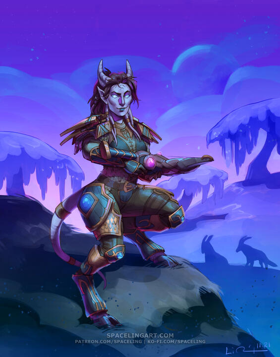 Illustration of a draenei hunter in Shadowmoon valley; the scene is mostly purple with weeping willows and antelope-like creatures.