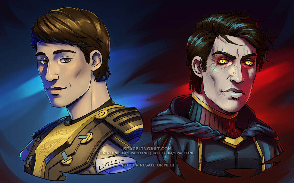 Double portraits of one character as both as a Jedi and a Sith.