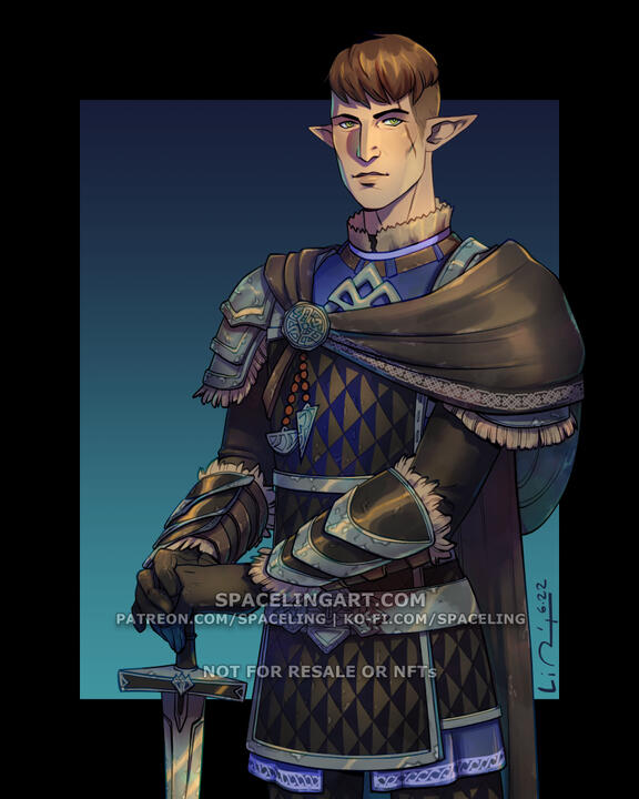 Illustration of an elezen knight, holding a sword and looking at the viewer.