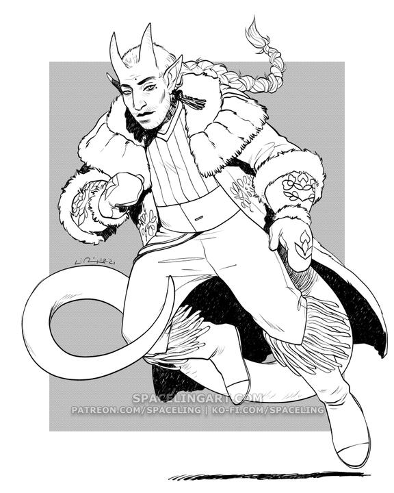 Line-art illustration of a tiefling with his hair in a long braid, and a fur coat and gloves with Native embroidery.