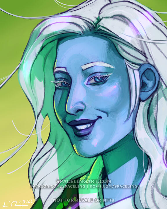 Portrait of an air genasi with light blue skin and white hair, which is floating away from her face from natural static.