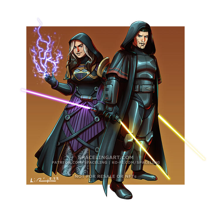 Illustration of a Sith couple, one with lightning and a purple lightsaber, the other more heavily armoured and with two gold lightsabers.