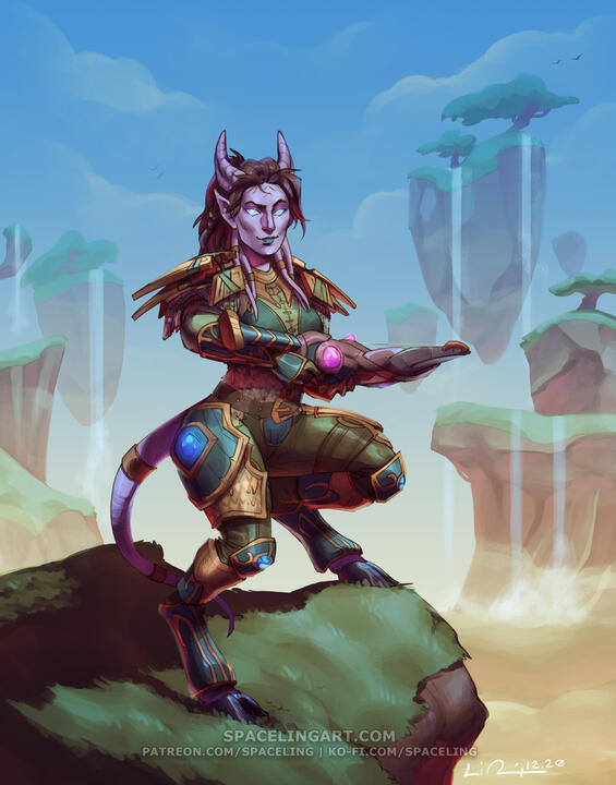 Illustration of a draenei hunter in Nagrand; the scene is in morning light with floating land and waterfalls.