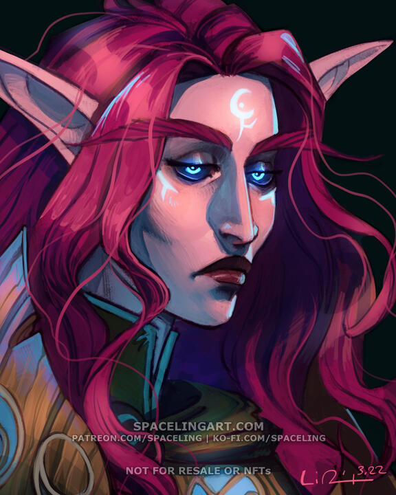 Portrait of a night elf with light pink skin and darker red-pink hair with dark eyes and moon emblems on her face.