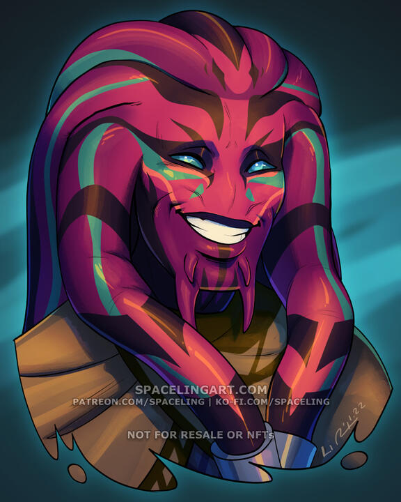 Illustration of a feeorin, a red-purple-skinned humanoid with tentacles on his head, spurs on his chin, and no visible nose.