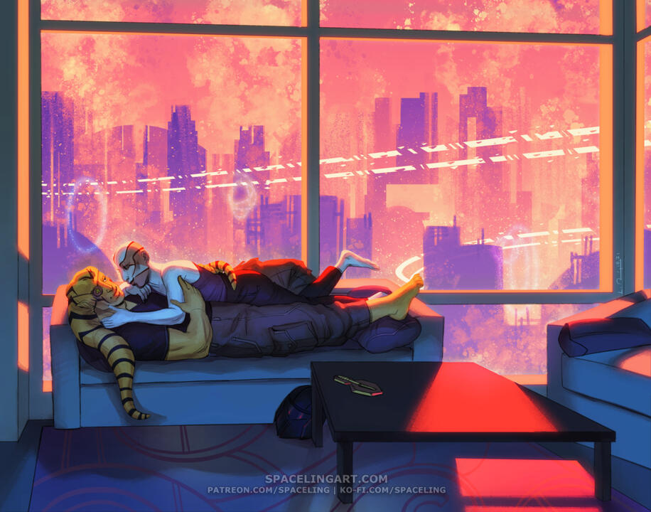 Illustration of a twi'lek and rattataki couple on the couch with the night life of Nar Shaddaa outside.