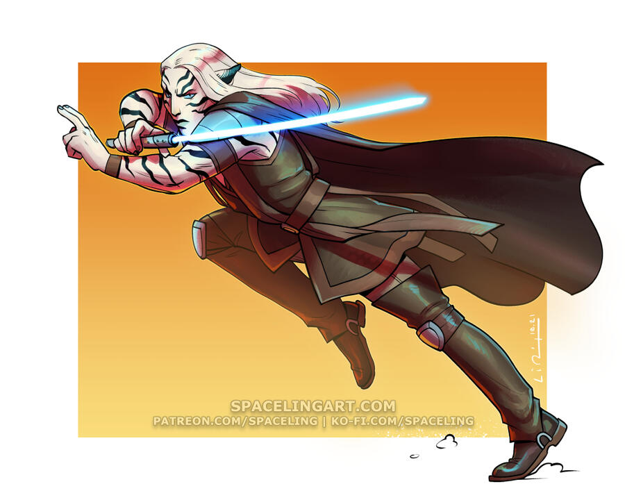 Illustration of a cathar Jedi with a brown robe and cape, and a blue lightsaber.
