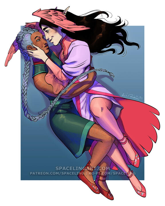 Illustration of a couple, one with her long grey hair in a pony tail, and the other with black hair and feathered wings on her head.