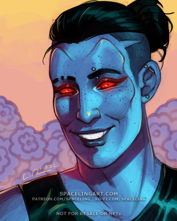 Portrait of a chiss with blue skin, red eyes, and black hair. He has freckles, an eyebrow piercing, and a friendly smile.
