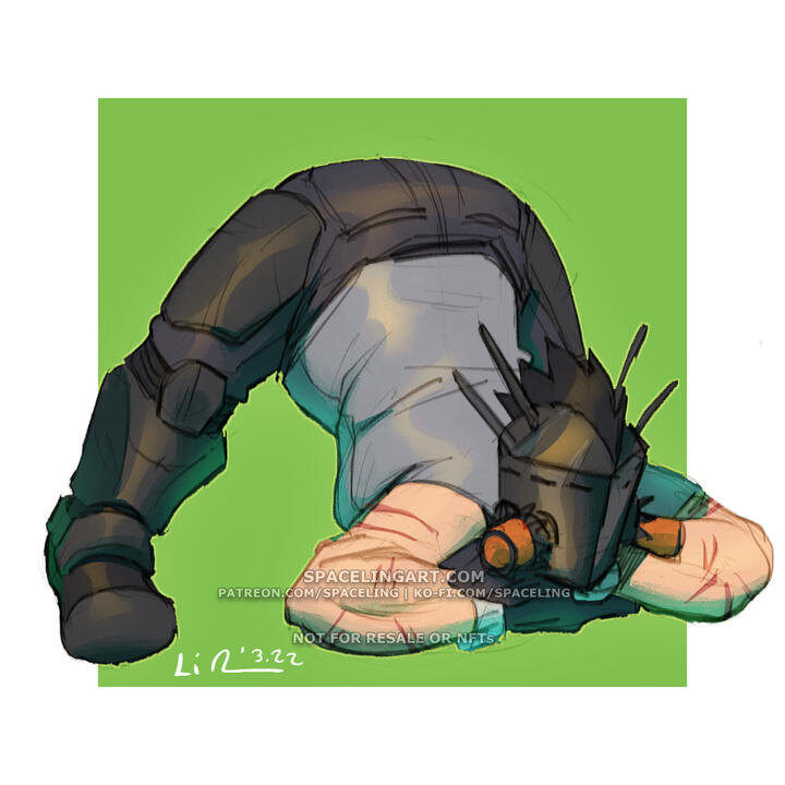 Illustration of a helmted character in the Jack-O meme pose where their rear is up in the air while their upper half is on the floor.