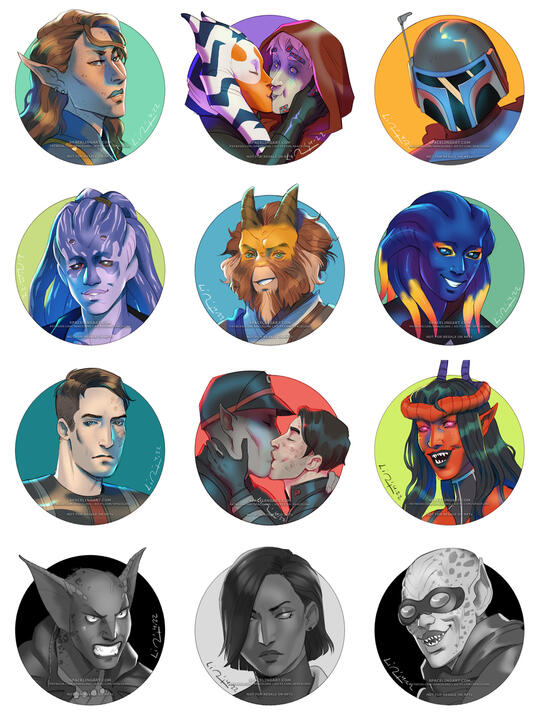 A compilation of twelve sketch portraits.