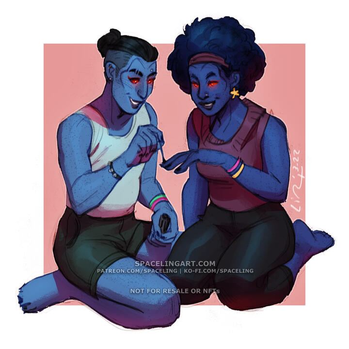 Illustration of two chiss hanging out and painting their nails. One has their hair in an undercut and a bun while the other has their hair in an afro.