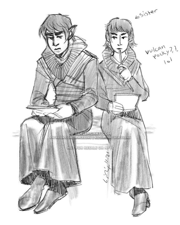 Sketch of a pair of Vulcan siblings sitting on a bench, one of them is eating pocky.
