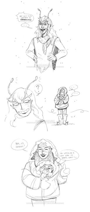 Sketches of a polyam trio: an andorian, klingon, and a ferengi. They are in the snow and the ferengi is keeping warm in the klingon's jacket.