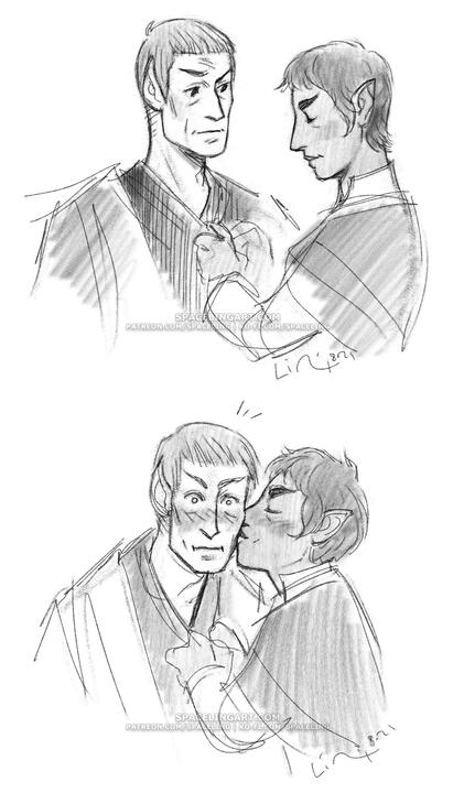 Two sketches of a middle-aged Vulcan couple kissing.