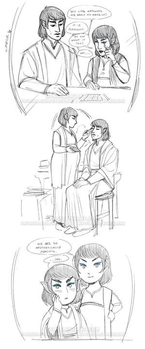 Sketches of a vulcan couple putting on make-up.