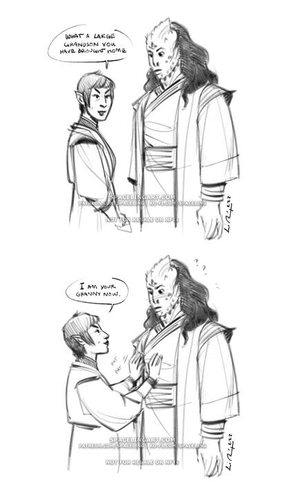 Sketch of a Vulcan grandmother introducing herself to her adopted Jem'Hadar grandson.