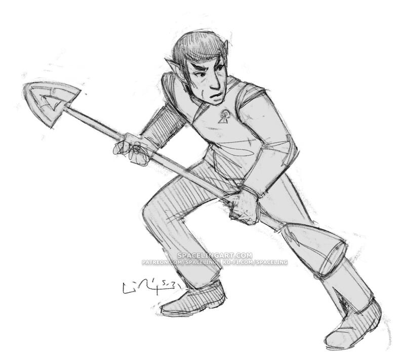 Sketch of a vulan with a traditional weapon.