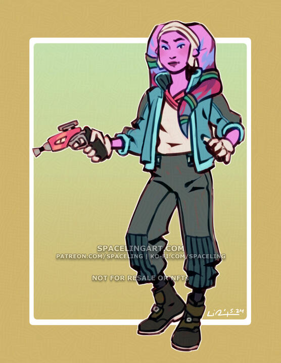 A digital illustration of a twi'lek with pink skin and striped lekku (head-tails) in blue, pink, and green colours.
