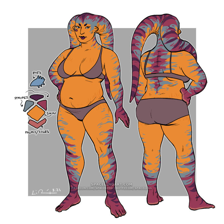 Reference of a yellow-orange chubby twi'lek with purple and blue stripes.