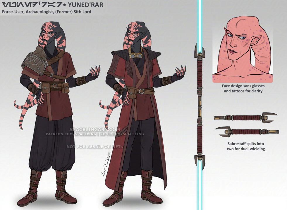 Reference sheet of a tall twi'lek sith with black lightning bolt tattoos.