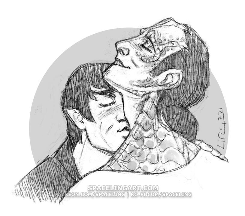 Illustration of a vulcan and cardassian couple; the vulcan one is kissing the other long, scaley neck.