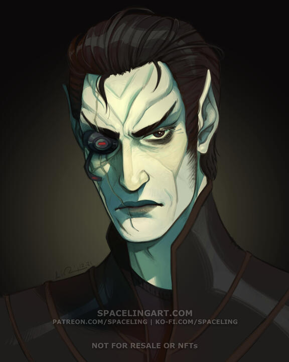 Illustration of an ex-Borg romulan. His short hair is slicked back and his right eye is replaced with Borg technology.