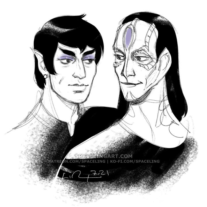 Illustration of a vulcan and cardassian couple with purple make-up on.
