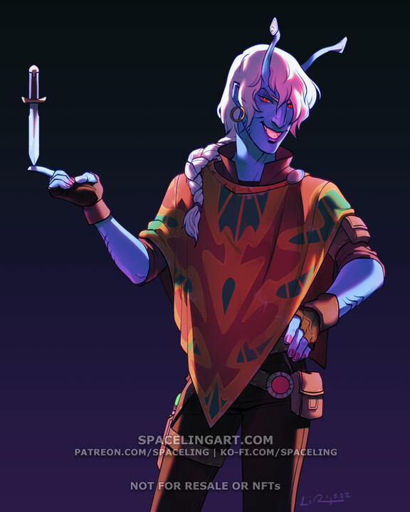 Illustration of an andorian in a red-orange poncho, balancing a knife on his finger. He has light-blue skin, antennae, red eyes, and long white hair in a braid.