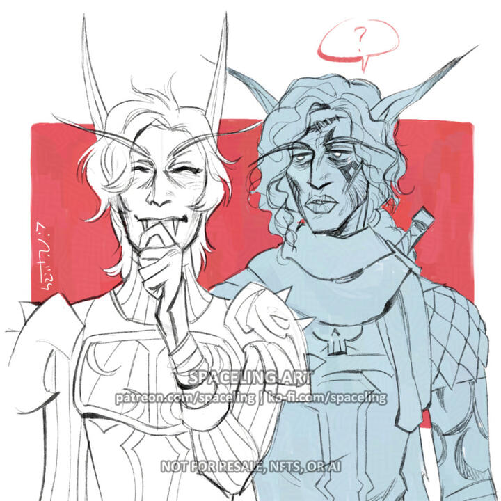 World of Warcraft fanart illustration of two undead elves; the vampire is giggling and partially covering her mouth, the other is now looking at her puzzled.
