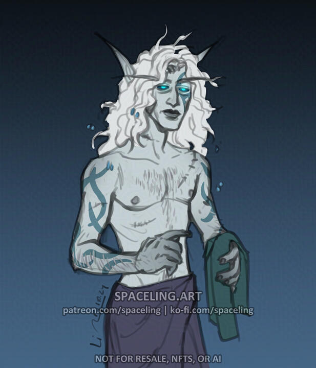 Illustration of an undead elf with tattoos; they have only a towel wrapped around their waist.